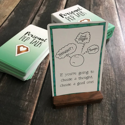 A sample of one of the inspirational cards from the Personal Pep Talk mindfulness strategy card deck in a handcrafted wood display block